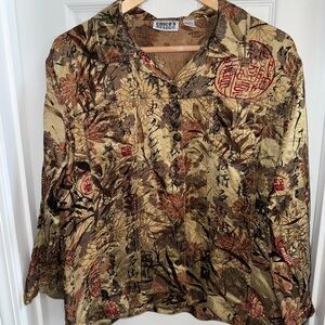 Chicos Design Asian Floral Silk Blend Button Up Blouse Jacket Womens L - 2 Chic